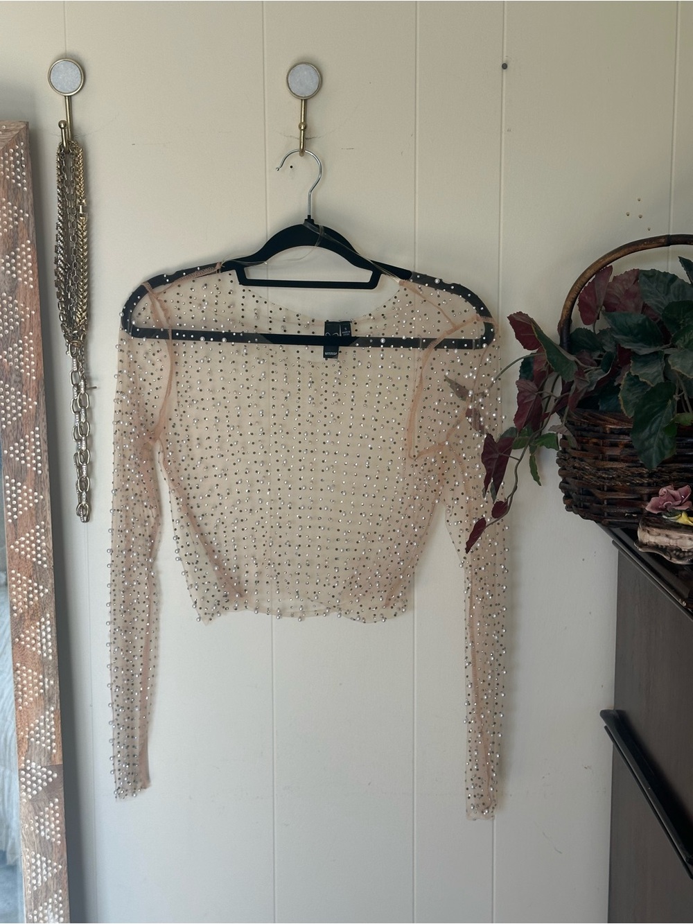 Windsor Mesh Pearl Sheer Crop Top with Rhinestones